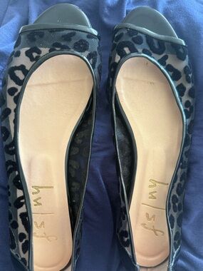 French Sole Women's Black Leopard Mesh Peep-Toe Flats